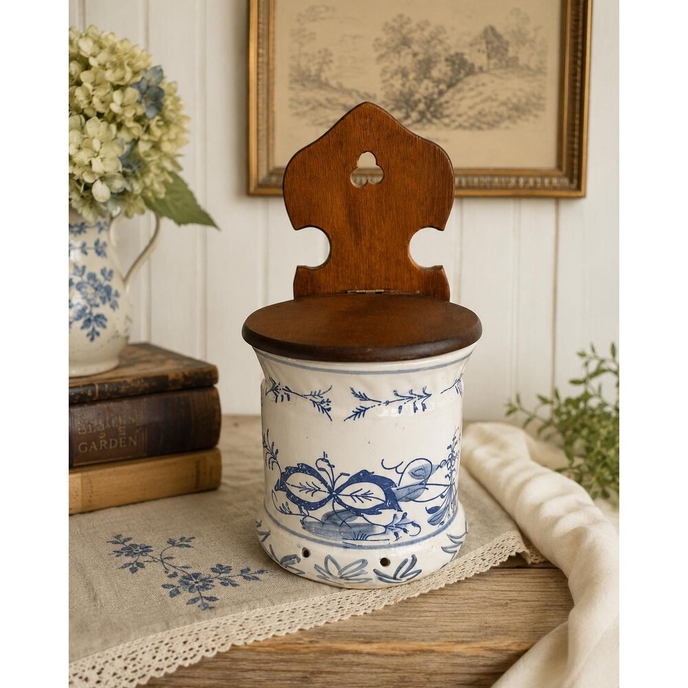 Vintage Ceramic Salt Box With Wooden Lid & Blue Floral Design